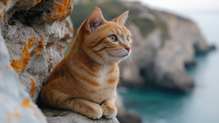Cat with bright fur watches the waves gently crashing on the shore.の素材