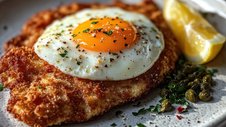 A flavorful breaded chicken dish with a sunny side egg, capers, and lemon on the side.の素材
