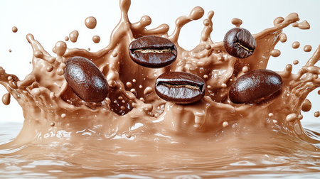 Coffee beans burst through silky chocolate, creating a dynamic splash effect.の素材