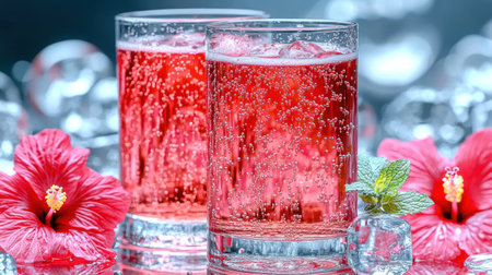 Chilled glasses of bubbly hibiscus drink sit on a shiny surface with flowers.の素材