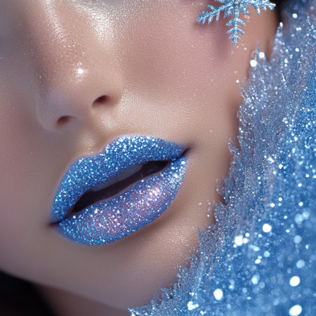 Blue glittery lips sparkle against a frosty background, evoking winter magic and elegance.の素材