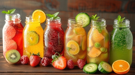 Colorful jars of refreshing fruit drinks highlight summer's vibrant flavors.の素材