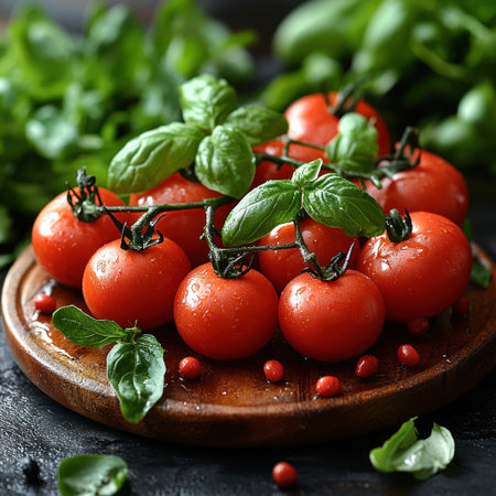 Juicy red tomatoes placed on a wooden board with fresh basil and greenery aroundの素材
