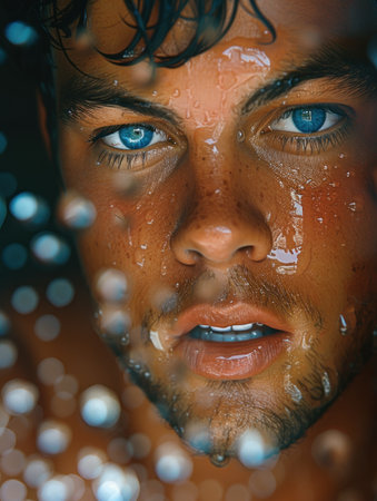 Young man stars intensely with brilliant blue eyes, droplets shimmer on his skin.の素材