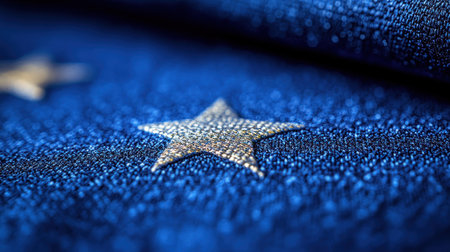 Close up of a blue fabric with detailed golden stars and elegant textures.の素材