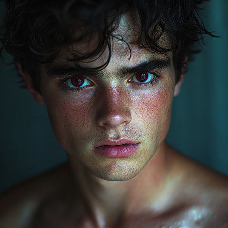 A young person with striking red eyes and radiant skin displays unique beauty.の素材