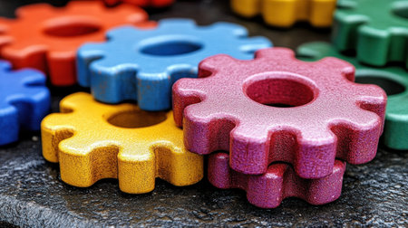 Colorful gears in red, blue, yellow, purple, and green are playfully arranged.の素材