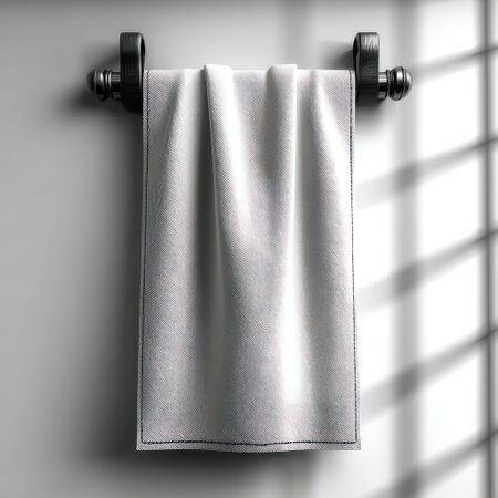 Soft white towel drapes elegantly on a dark holder, illuminated by daylight streaming in.の素材