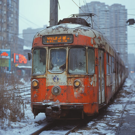 Rusty train awaits on snowy tracks, with tall buildings looming in the background.の素材