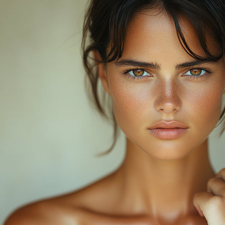 A young woman with striking features poses gracefully against a plain backdrop.の素材