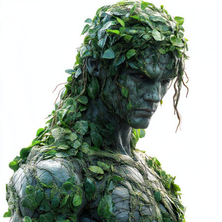 A striking figure draped in vibrant green leaves exudes an enchanting presence outdoors.の素材