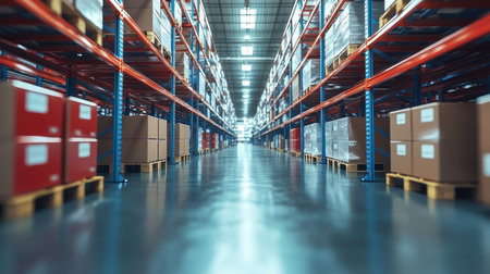 Empty warehouse with neatly stacked boxes on pallets, showcasing organization.の素材