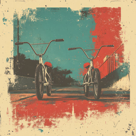 Two classic bikes sit on a vibrant street, inviting adventure under a clear sky.の素材