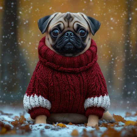 A playful pug wears a warm red sweater while surrounded by falling snow and autumn leaves.の素材