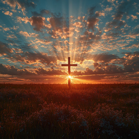Golden rays of sunlight shine through clouds, highlighting a cross in a tranquil field.の素材