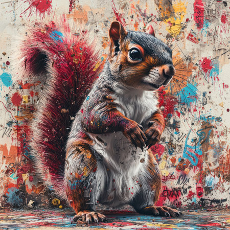 A colorful squirrel poses against a wall filled with expressive street art in the city.の素材