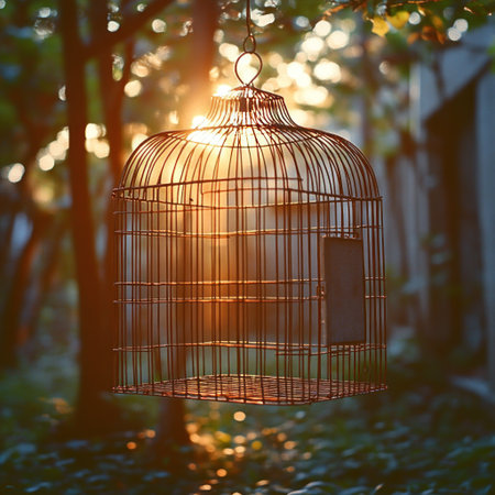 A vintage birdcage hangs serenely as sunlight filters through the trees, creating magic.の素材