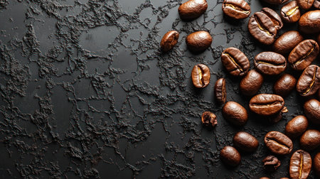 Coffee beans rest on a dark surface, inviting readers to imagine brewing a fresh cup.の素材