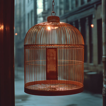 A vintage birdcage hangs quietly in a narrow street, illuminated by soft evening light.の素材