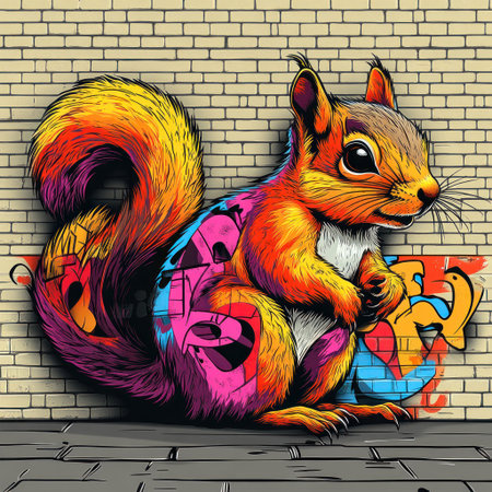A vibrant, artistic squirrel sits against a brick wall, showcasing urban graffiti art.の素材