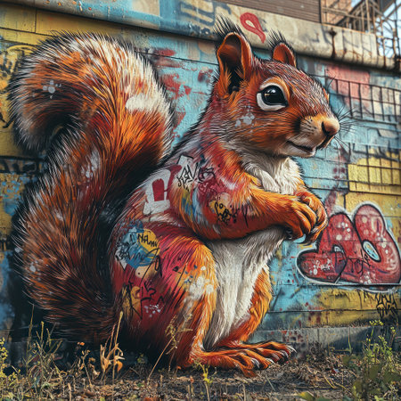 Colorful squirrel artwork stands out against a backdrop of bold graffiti on a wall.の素材