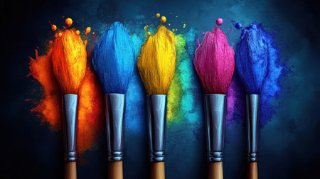 Vibrant brush tips in bold colors showcase a creative art palette.の素材