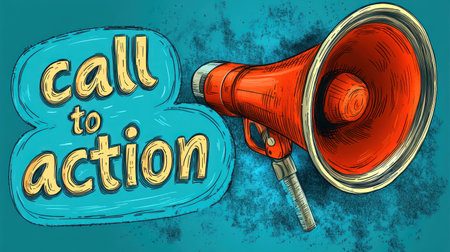 A bright megaphone pops against a blue background, inviting engagement.の素材