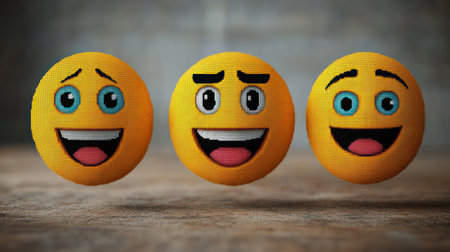 Three vibrant emoji balls showcase different expressions of joy and excitement together.の素材