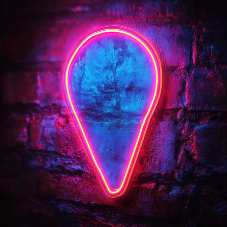 A neon ice cream cone illuminates a brick wall with colorful light in a lively area.の素材