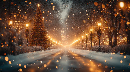 A snow covered street sparkles under glowing lights, creating a magical winter evening.の素材