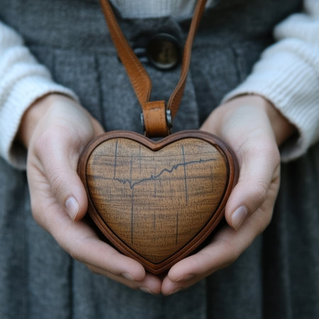 A person cradles a beautiful heart shaped wooden pendant, showing its detailed design.の素材