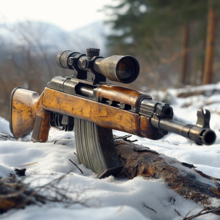 A vintage rifle rests on a fallen log, surrounded by a serene winter scene with snow.の素材