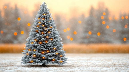A glowing Christmas tree in a snowy field brings evening joy.の素材