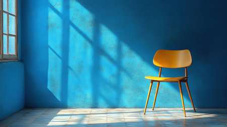 A bright yellow chair occupies a vibrant blue room, illuminated by sunlight.の素材