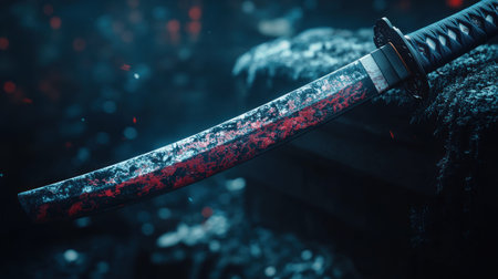 A glowing katana rests on a mossy stone in a dark atmosphere.の素材