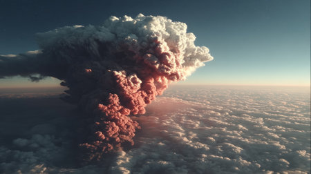 Eruption sends an ash cloud soaring above fluffy clouds at sunset.の素材