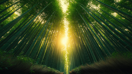 Soft morning light streams through tall bamboo trees, illuminating the forest path below.の素材