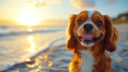 A cheerful dog stands on the sandy shore, grinning at the beautiful sunset over the water.の素材