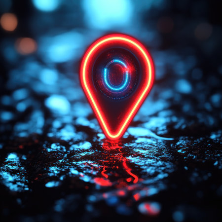 Neon marker glows on slick cobblestones in the rain, creating a vibrant atmosphere.の素材