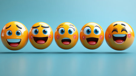 Five cheerful emoji faces display a range of happy expressions in a vibrant scene.の素材