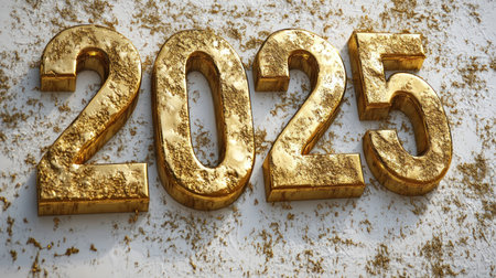 Golden numbers shine brightly, symbolizing hopes and dreams for the year 2025.の素材