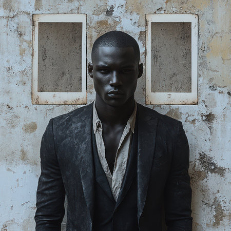 A stylish man stands confidently in a striking outfit, framed by worn textures.の素材