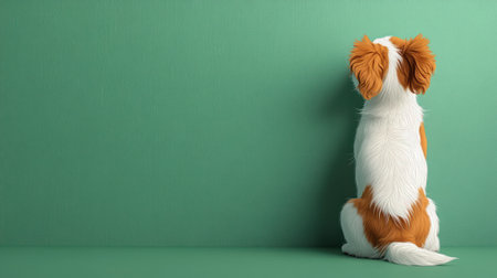 A playful puppy with orange and white fur sits quietly, gazing at a green wall.の素材