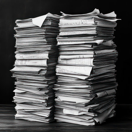 Piles of unorganized papers sit on a dark surface, showing clutter and chaos.の素材