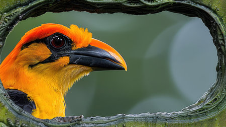 A vibrant bird with orange and yellow feathers watches its rainforest home.の素材