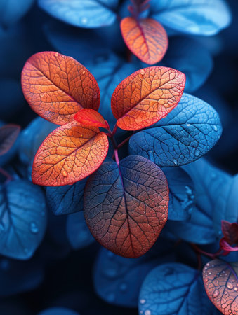 Leaves with rich blue and orange tones create a dreamy atmosphere in nature.の素材