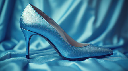 A striking blue high heel rests gracefully on silky fabric, showing its elegance.の素材
