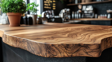 A beautiful wooden countertop with patterns graces a cozy, green filled cafの素材