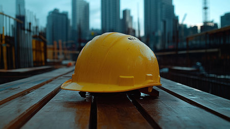A yellow hard hat rests on wooden planks at a busy construction site at dusk.の素材