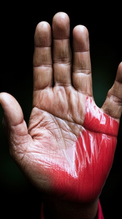 A hand with bold red paint symbolizes strength and emotion.の素材